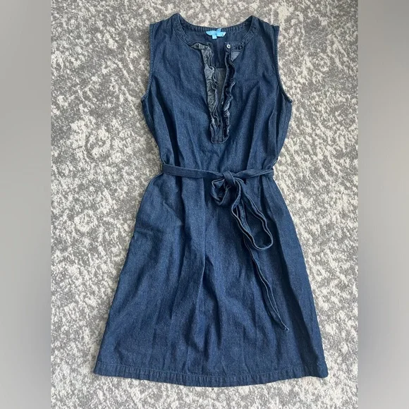 Draper James Belted Sleeveless Chambray Ruffle Shift Dress W/ Pockets - Size XS - Picture 2 of 7